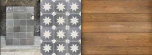 The Great House Collection: Kings of France 18th Century French Oak Flooring in Wide Plank Solid and Engineered: Vintage Chestnut + A Catalan Farmhouse 1850 Antiqued Cement Tile Collection - Twilight: Stone + Authentic Olde White