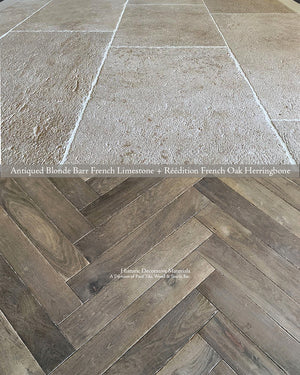 Réedition Antique Blonde Barr French Limestone Flooring + 18th Century French Oak Flooring in Chevron and Herringbone