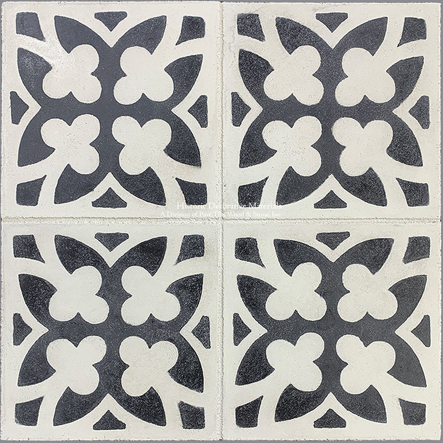 Catalan Farmhouse 1850 Antiqued Cement Tile - Lucky Clover: Charcoal + Authentic Old White
