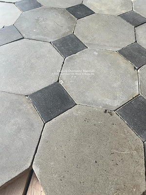 Antique French Gray Octagon Cement Tile + Charcoal Gray Cabochon