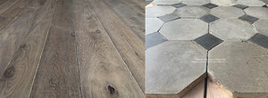 Antique French Gray Octagon Cement Tile + Charcoal Gray Cabochon + French Oak Flooring