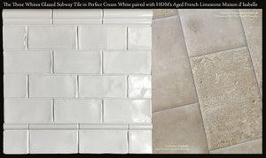 Two Whites Subway Tile in Historic White White Beautifully Paired with Aged French Limestone Maison d'Isabelle