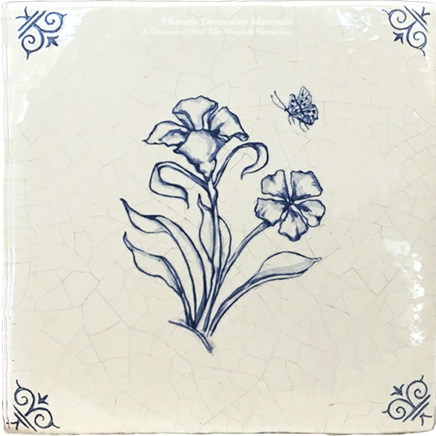 Flower 4 - Antiqued Delft Tile on Vintage Warm White Field