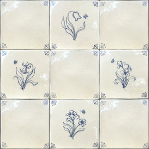Set of 4 Antiqued Delft Tiles + Oxtail Corner Tiles on Vintage Warm White Field