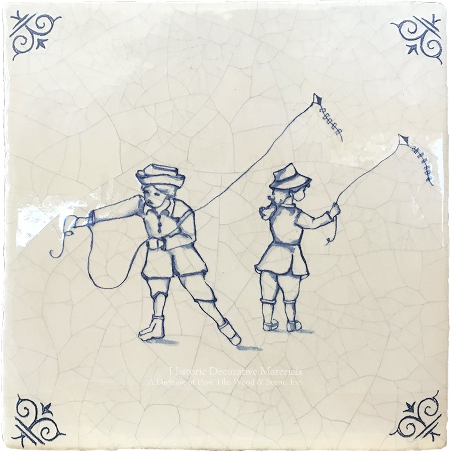 Antiqued Delft Tile Kite on Vintage Warm White Field Tile