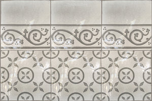 Carriage House English Encaustic Tile Collection - Pinwheel & Scroll Border on Vintage Warm White