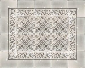 Carriage House English Encaustic Tile Collection - Scroll Border, Scroll Corner and King's Armor on Vintage Warm White