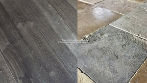 Kings of France 18th Century French Oak Floors in Charcoal with Antique Dalle de Bourgogne French Limestone