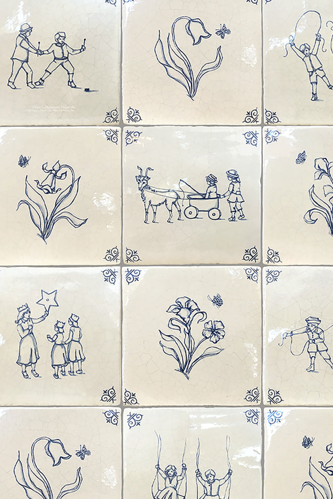 Delft tiles | Hand-painted antiqued blue & white Dutch village life scenes and floral motifs