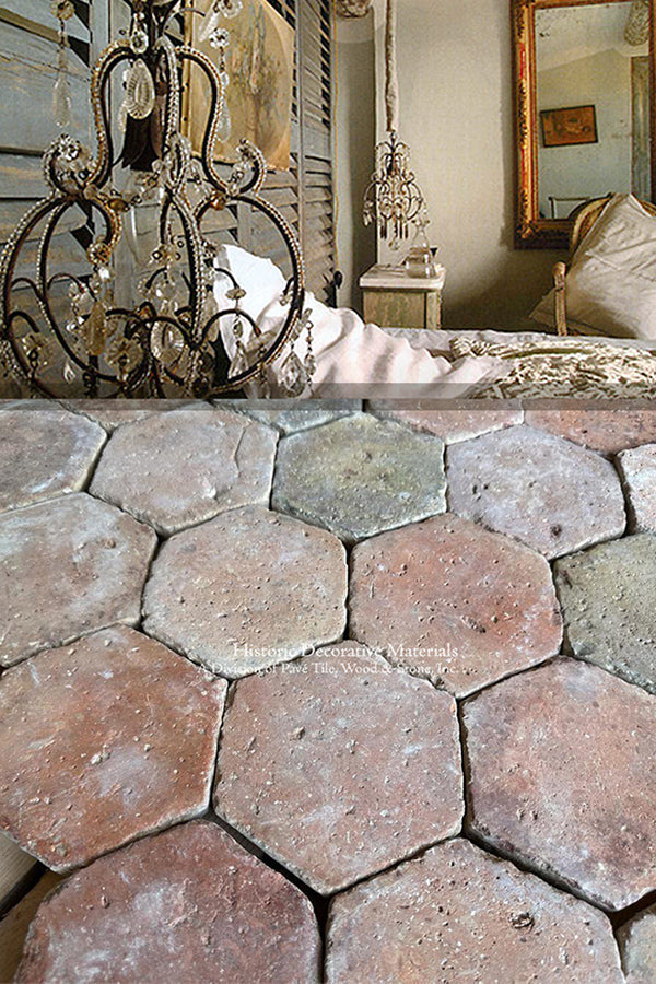 French Reclaimed Terra Cotta Tiles Salvaged from France has antique patina.