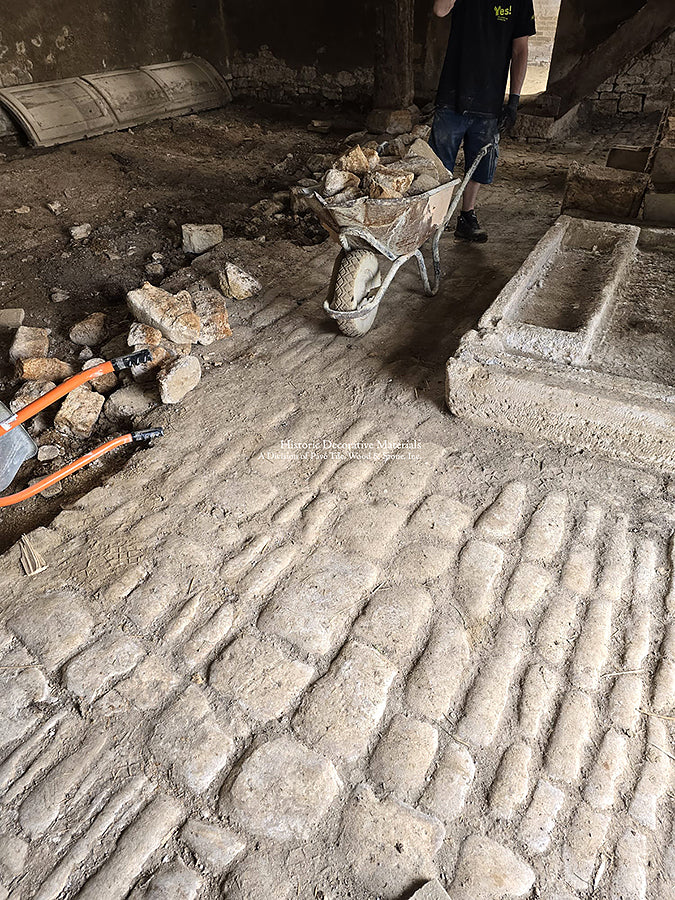 We carefully salvage these antique French limestone cobblestones that we cut into 1 1/4" thick.