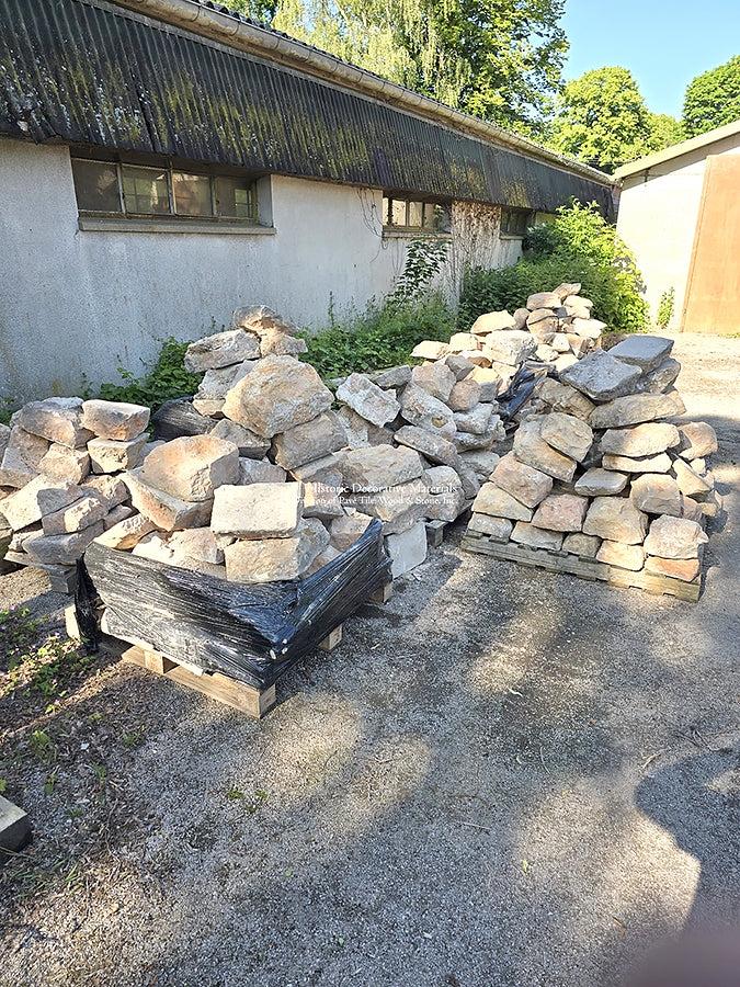 A 17th century thickness of these antique French limestone cobblestones have been cut to a 1 1/4" thickness.