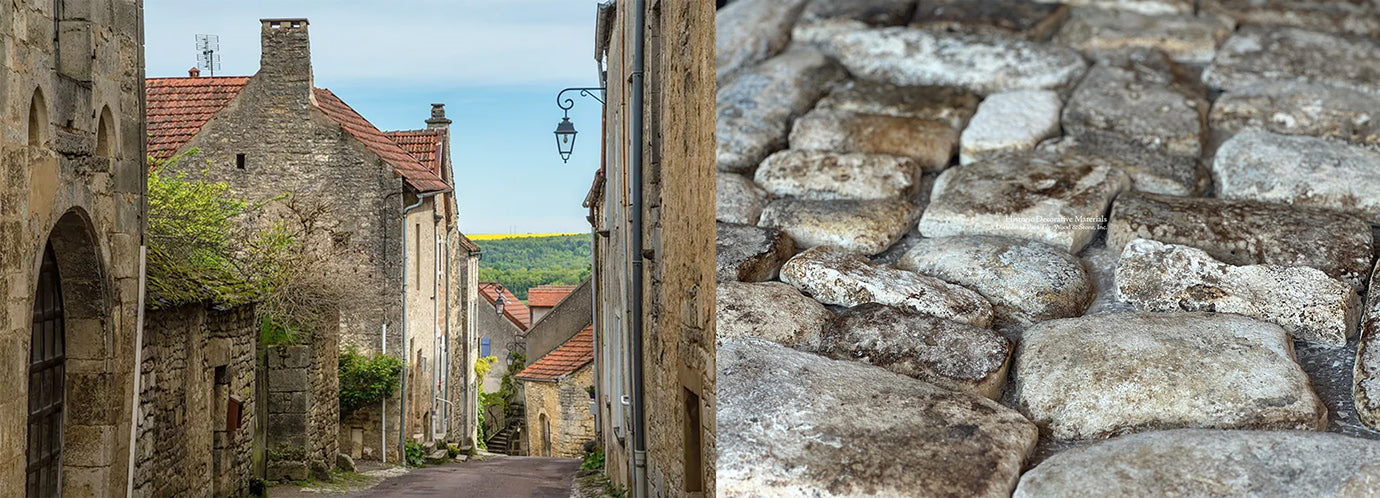 We salvaged a 17th century antique French limestone cobblestone path leading up to a relais de poste in Harville, France that Napoleon often frequented.