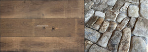 Pairing antique French oak floors with antique French limestone cobblestones allow a continuity of elegant interior design authenticity.