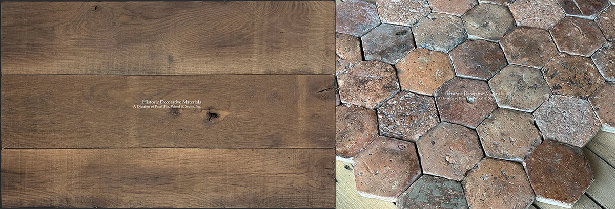 Apremont-sur-Allier French Reclaimed Terra Cotta Tile Hexagon + The Kings of France 18th Century French Oak Floors - The Olde Oak Collection: Sussex