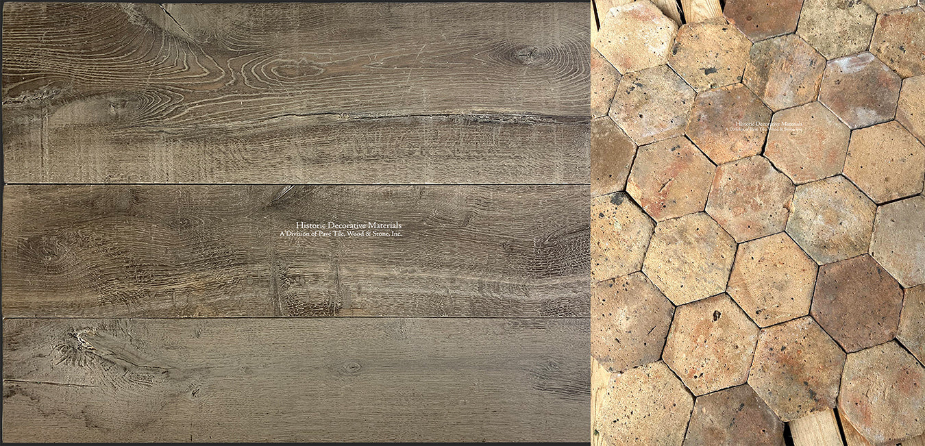 Aÿ-Champagne Blush French Reclaimed Terra Cotta Tile + French Oak Flooring: Sussex from our Olde Oak Collection