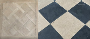 Classical European checkerboard flooring in antiqued French limestone and black ardoise with French oak floors - antiqued parquet de Versailles