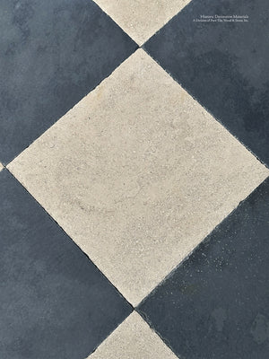 Texture detail of black ardoise and beige limestone checkerboard stone flooring