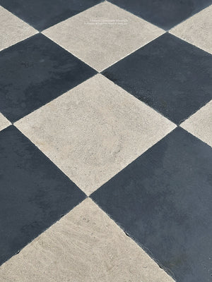 Heritage style black and beige checkerboard limestone flooring with ardoise stone squares