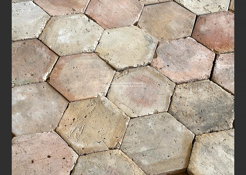 Reclaimed French terra cotta tiles in blush colors are called blanc rose.