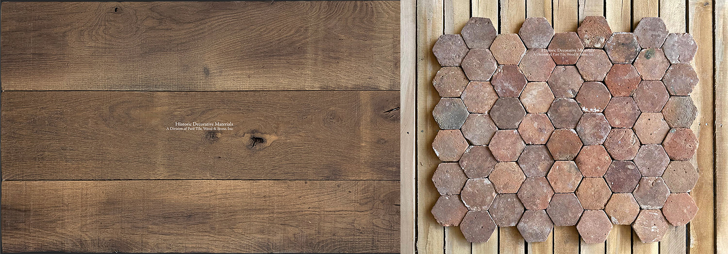 The rich earth tones of antique French oak floors marries beautifully with an earth-tone French reclaimed terra cotta tile color palette.