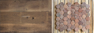 The rich earth tones of antique French oak floors marries beautifully with an earth-tone French reclaimed terra cotta tile color palette.