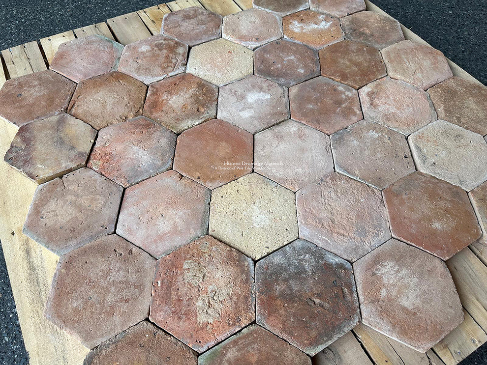 The dazzling light to dark color range of Reclaimed Terra Cotta Tile Hexagons draws eyes to this material for it's beauty.