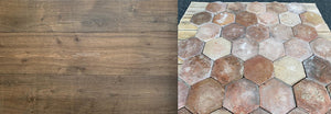 Installing antique French oak flooring & Reclaimed Terra Cotta Tile Hexagons for kitchen and dining rooms create an historic and warm interior.