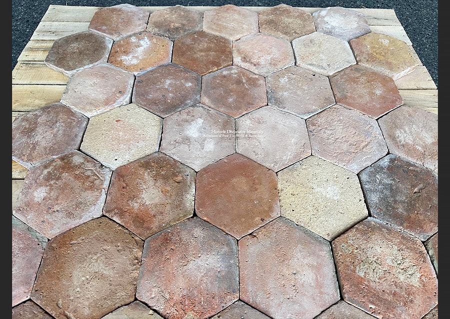 French Reclaimed Terra Cotta Tile Hexagons are admired for their original patina and beautiful color range.