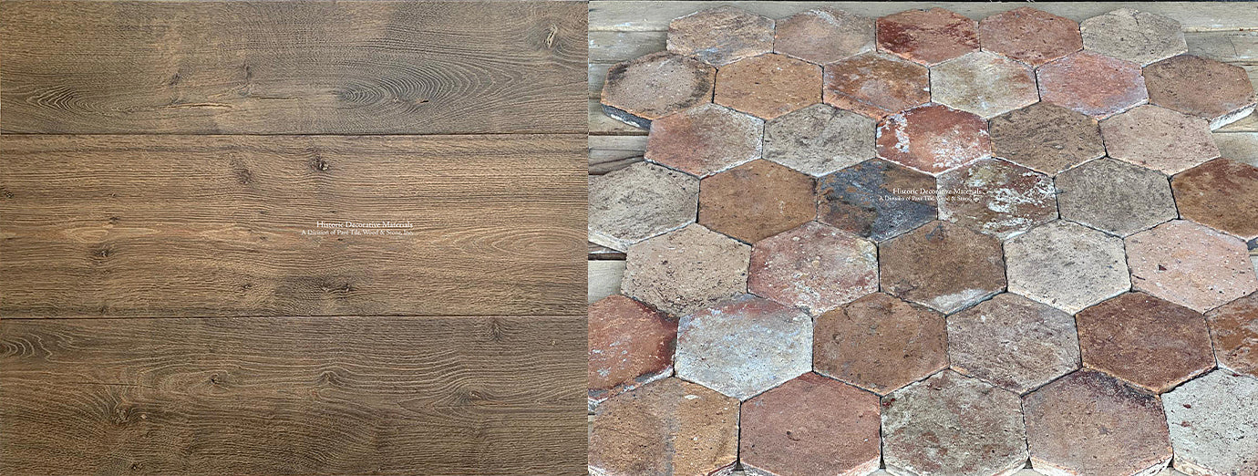 The beautiful antique French oak floor paired with French Reclaimed Terra Cotta Tile Hexagons are not trends.