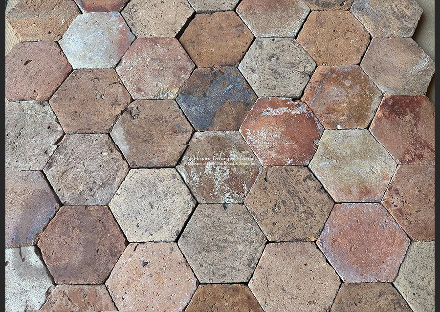 French Reclaimed Terra Cotta Tile Hexagons are hand-molded and kiln fired 150-years ago.