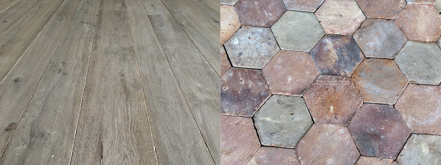 Reclaimed French Terra Cotta Pavers in Elegant Entryway With French Oak Flooring in Adjacent Living Spaces.