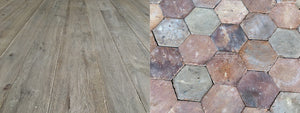 Reclaimed French Terra Cotta Pavers in Elegant Entryway With French Oak Flooring in Adjacent Living Spaces.