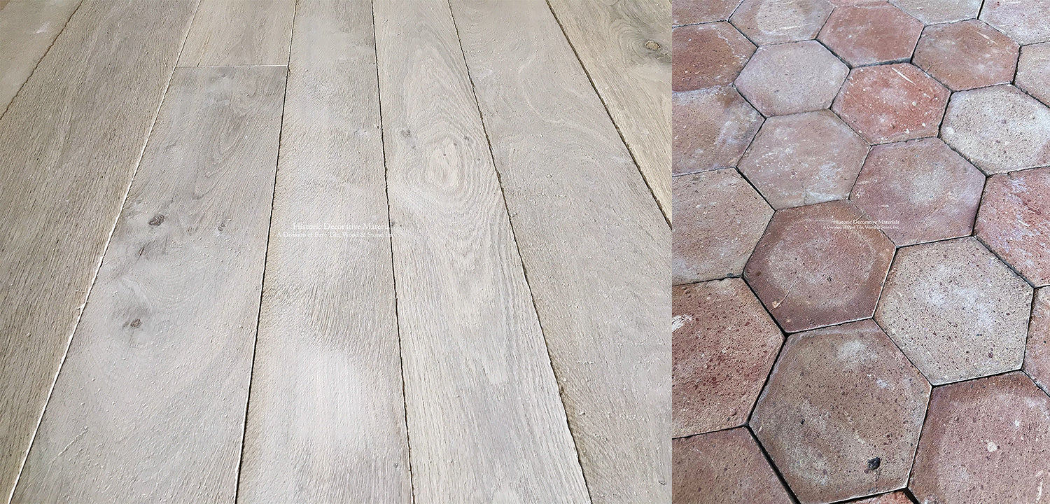 Aged French terra cotta tiles & French oak flooring for rustic luxury entryways and mudrooms