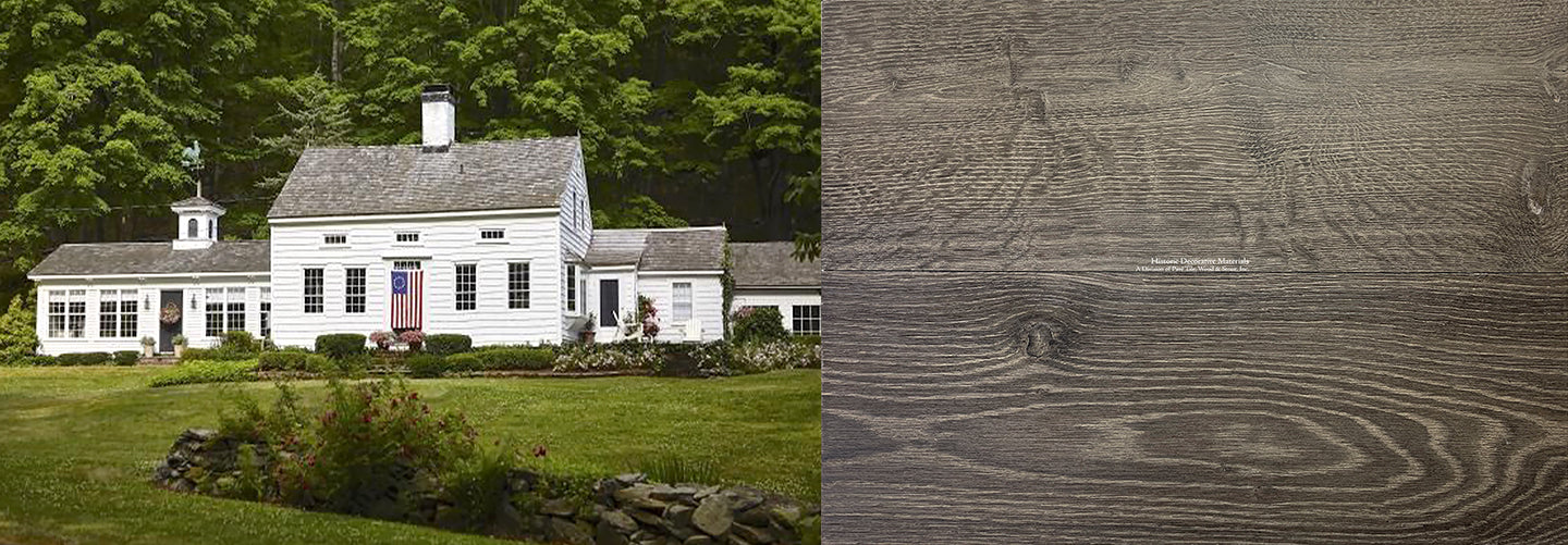 White historic country farmhouses with warm old wood floors will be achieved installing aged French oak farmhouse floors.