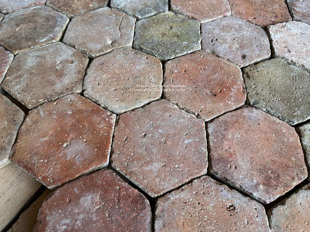 French Reclaimed Terra Cotta Tile Hexagons from Provence create historic kitchen floors.