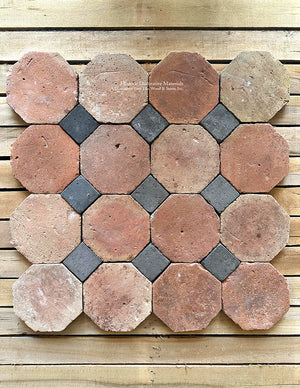 French reclaimed terra cotta tile octagon + antique Belgian bluestone cabochon is defined authenticity 