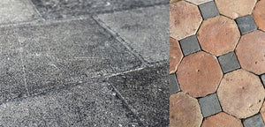 Handsome living spaces are created installing antique Belgian bluestone and French reclaimed terra cotta tile flooring.