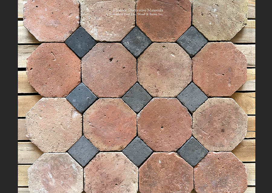 17th century patina surface texture, the beauty of this reclaimed French terra cotta tile octagon + antique Belgian bluestone cabochon is outstanding.