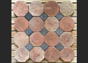 Salvaged antique French terra cotta tile octagon + bluestone cabochon will add historic elegance to a living space.