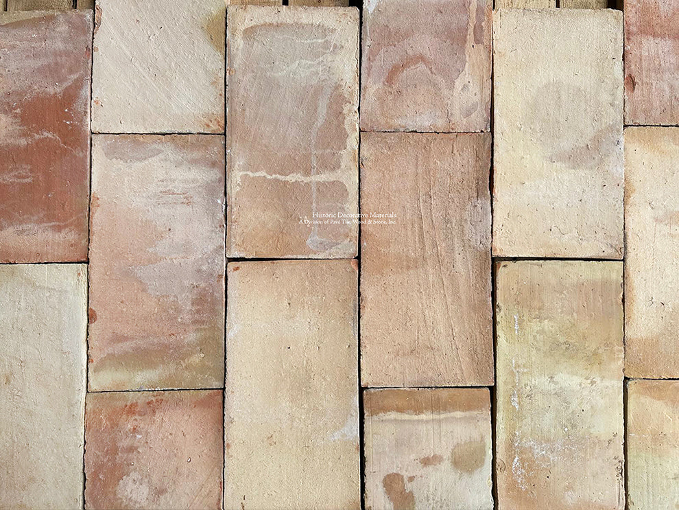 French reclaimed terra cotta tile parefeuille can be installed in a running bond pattern.