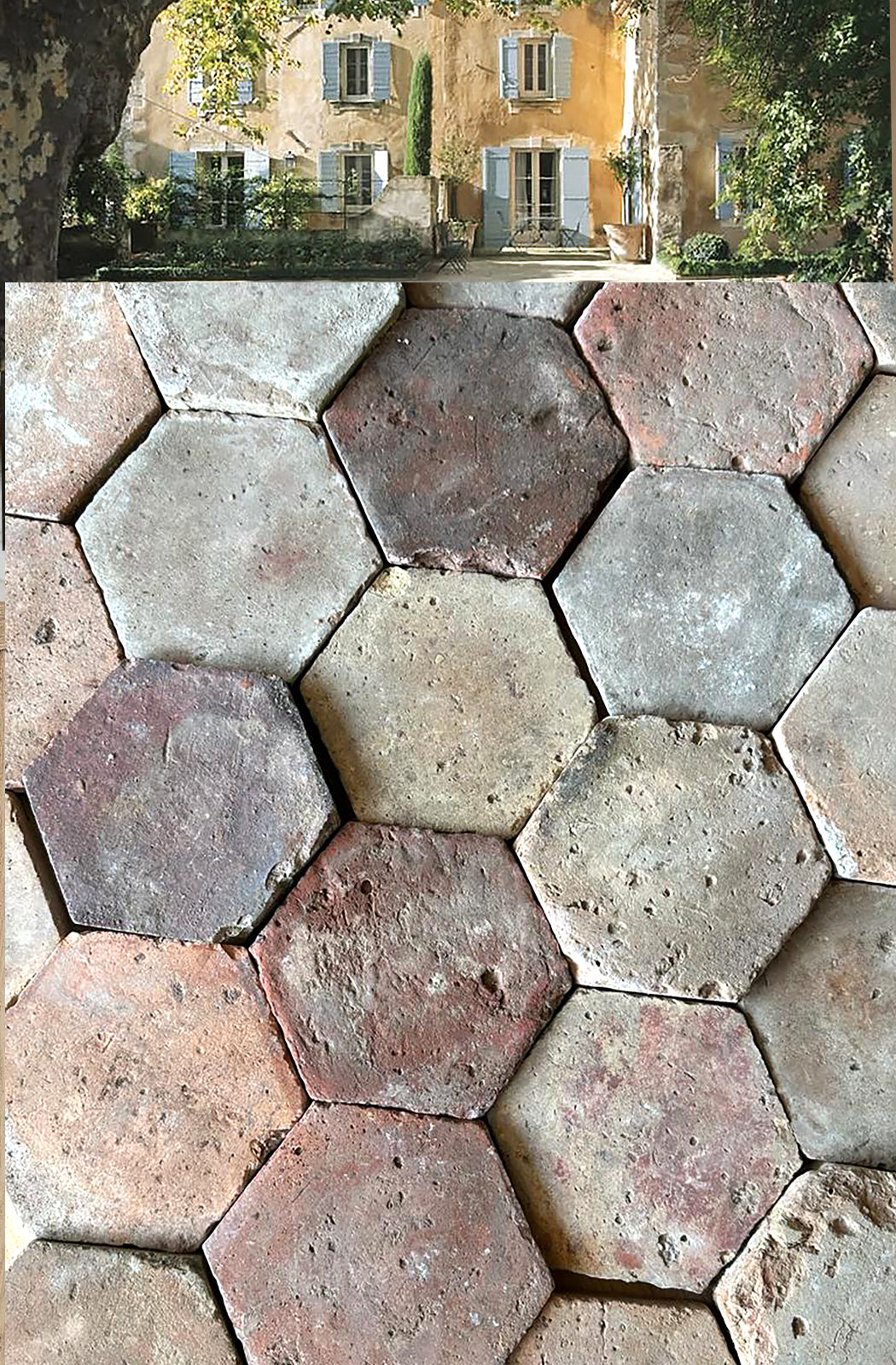 Hand made antique French terra cotta tiles add French charm to a kitchen floor.