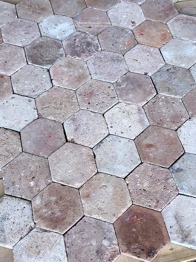 Color variations of this French reclaimed terra cotta tile of cream, clay, blush and camel create a sophisticated color palette.