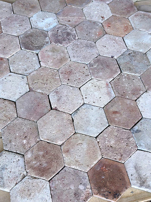Color variations of this French reclaimed terra cotta tile of cream, clay, blush and camel create a sophisticated color palette.