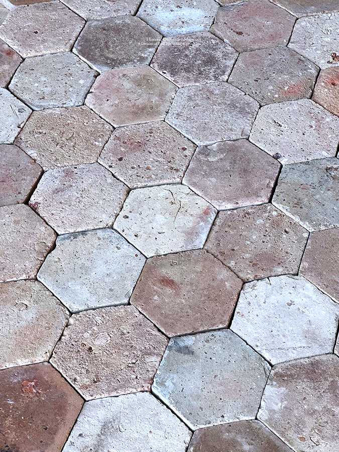 The hexagonal shape and color variation of Le Marais French reclaimed terra cotta tiles make for extraordinary flooring.