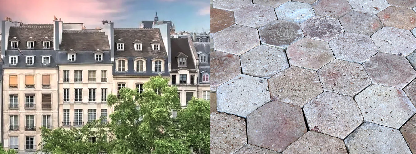 Le Marais mirrors the blush, cream and camel colors of this French reclaimed terra cotta tile color palette.