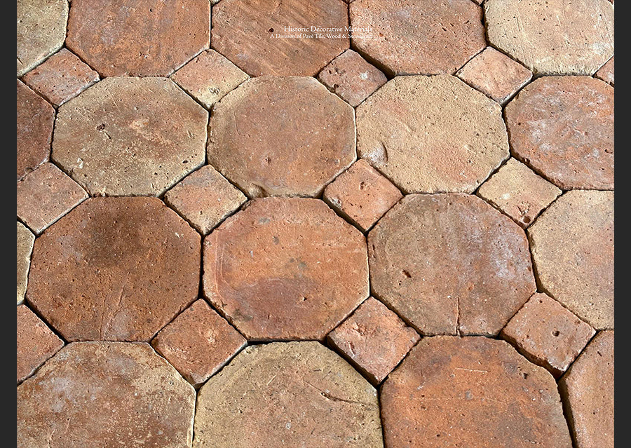French Reclaimed Terra Cotta Tile Octagon + Cabochon are historic geometric floor patterns.