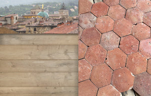 Red French reclaimed terra cotta tiles historic presence is elevated installed next to antique French oak floors.