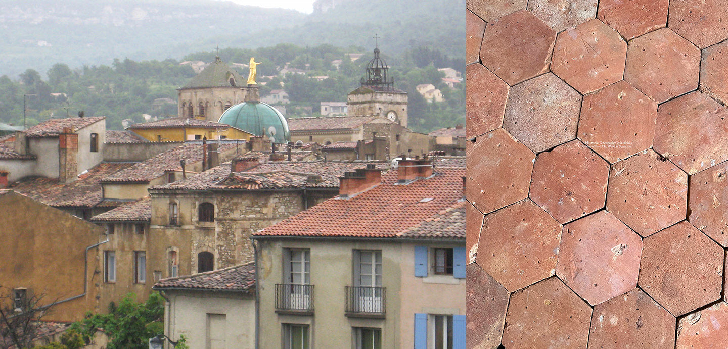 Light and dark red French reclaimed terra cotta tiles mirror the clay roof tiles or tuiles in Provence.