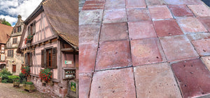 Reclaimed French terra cotta flooring from 1875 Alsace schoolhouse with 150-year-old handmade clay tile patina